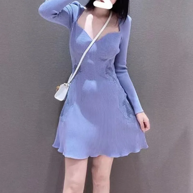 Casual Dresses Women Pastel Blue Lace Insert Knit Mini Dress S-elf-Portrait