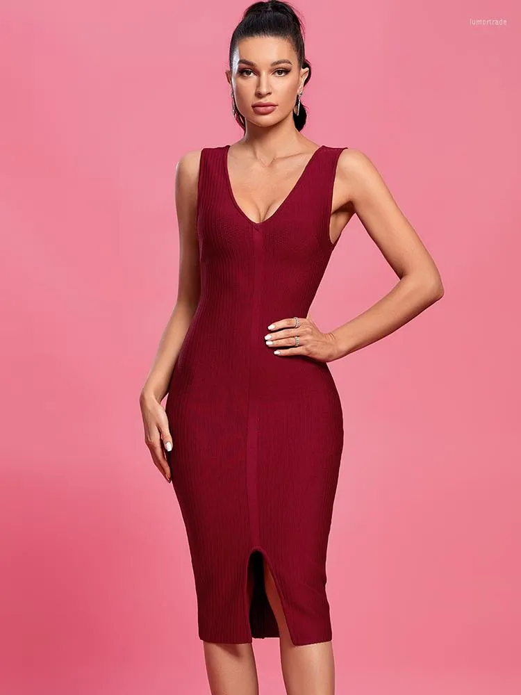 Casual jurken Red Bandage Dress Women Midi Party Bodycon Elegant Sexy Spaghetti Strap Evening Birthday Club Outfit 2023 Zomer