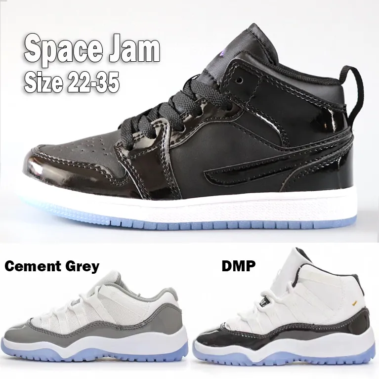 Jumpman 1 1s Kids Shoes 11s 로우 디자이너 농구 스니커즈 Space Jam DMP 시멘트 그레이 자란 아기 유아 신발 사이즈 22-35