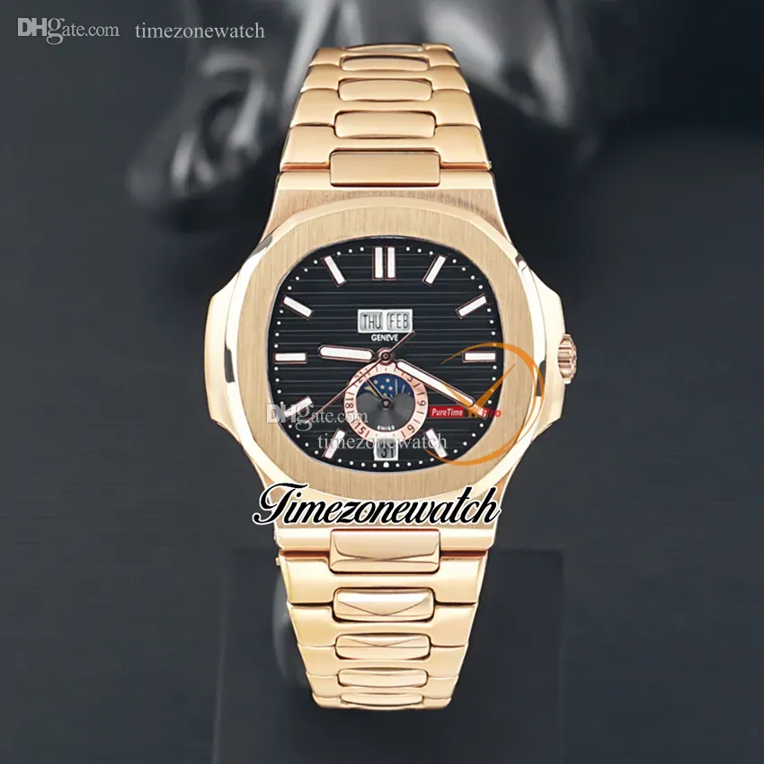 NIEUW 5726 5726/1A 5726/1A-001 Zwarte textuur wijzerplaat Aziatische 2813 Automatische heren Watch Fase Moon Rose Gold Case Bracelet Sport Perpetual Calendar Watches TimeZoneWatch Z01