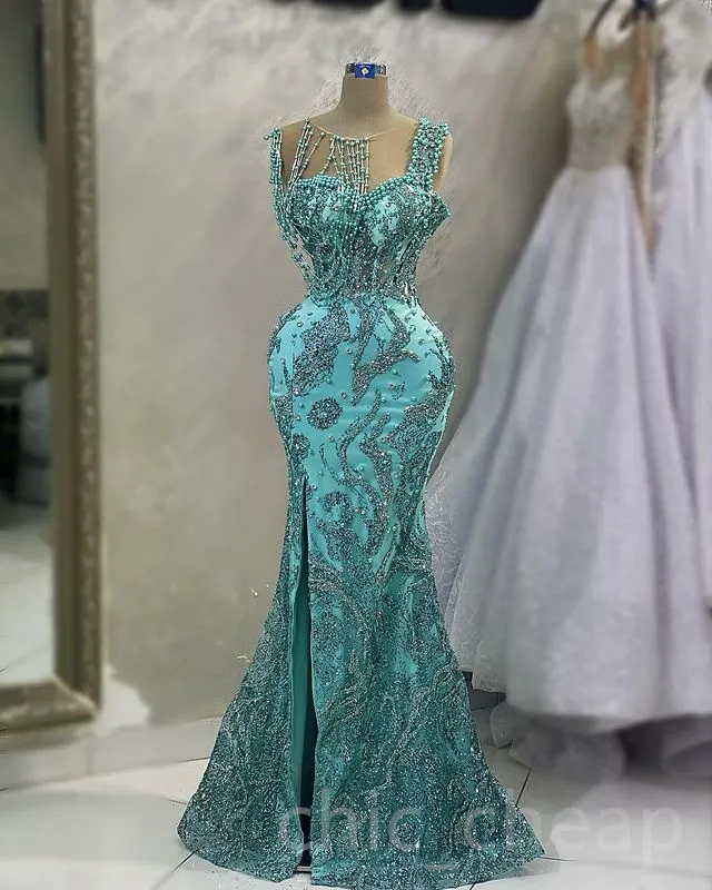 Aso Ebi 2023 Arabe Paillettes Dentelle Robe De Bal Cristaux Perles Sirène Soirée Formelle Deuxième Réception Anniversaire Robes De Fiançailles Robes Robe De Soirée SH033