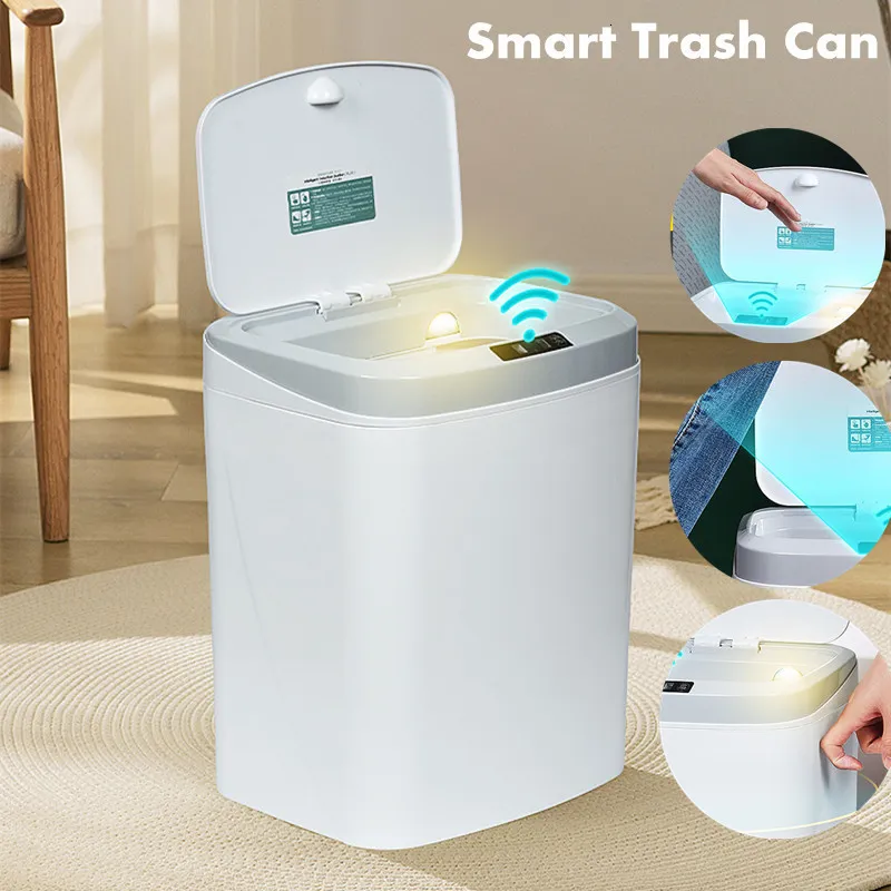 Avfallsfack Smart Sensor Trash Can Electronic Automatic Touch Bin Hushåll Kök Badrummet vardagsrum med LED -lätt dammtunna 230512