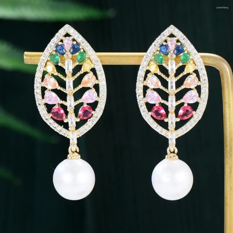 Dangle Earrings Siscathy 2023 Luxury Cubic Zirconia Leaves for Women Fashion Pearl Crystal Hange Earing Party Jewelry Accessory