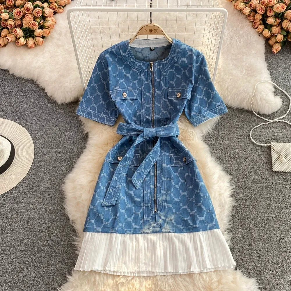 Light and sophisticated style dress high-end celebrity long sleeved round neck zipper strap with waistband printed denim pleated A-line dress