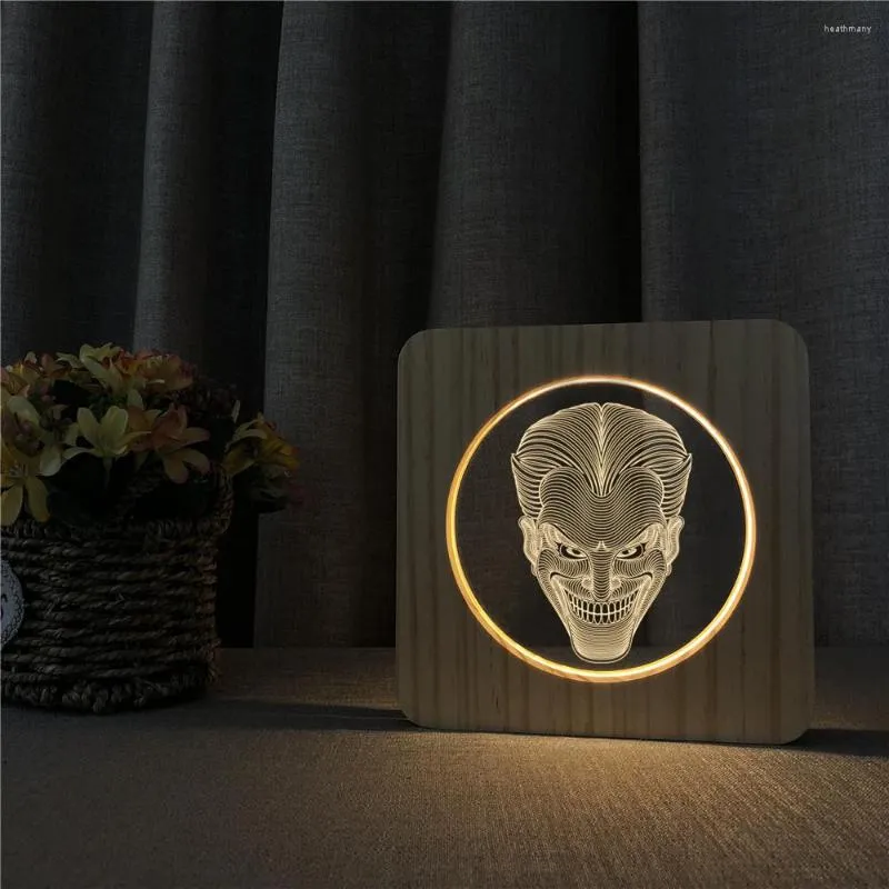 Nattljus Jacksmile Face 3D LED ARYLISK TRÄLAMP TABLE Ljus Switch Control Carving for Children's Room Birthday Present