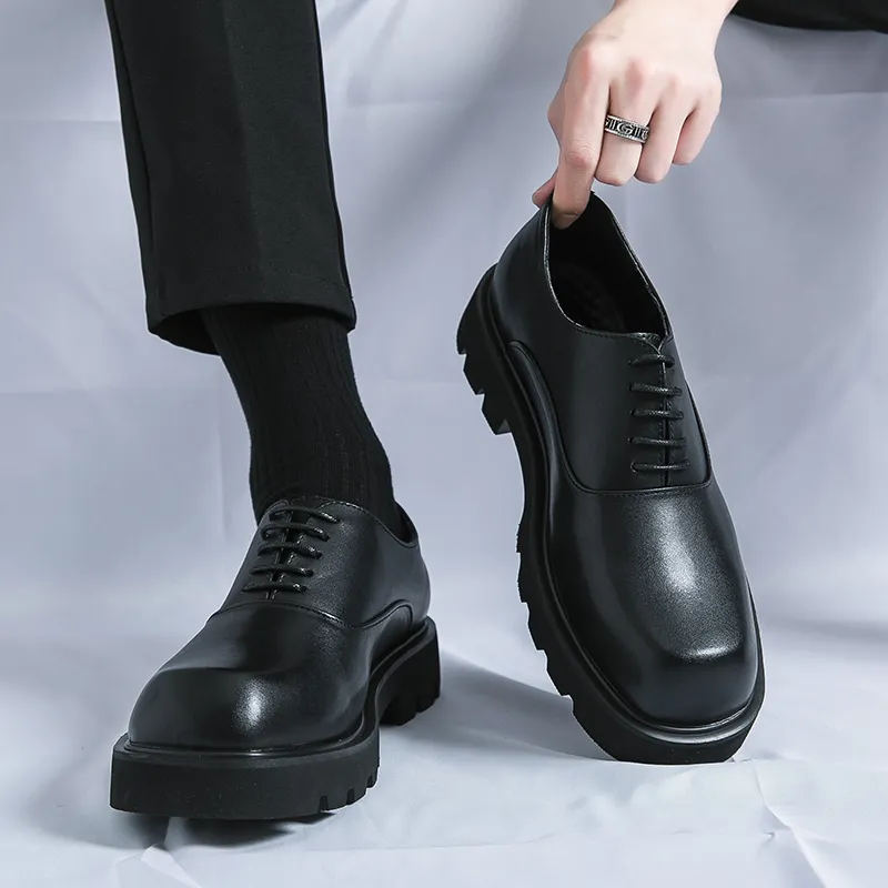 Men Japan Karajuku Korean Style Fashion Streetwear Thick Platform Casual Patent Leather Shoes Male Lace Up Dress Leather Shoes