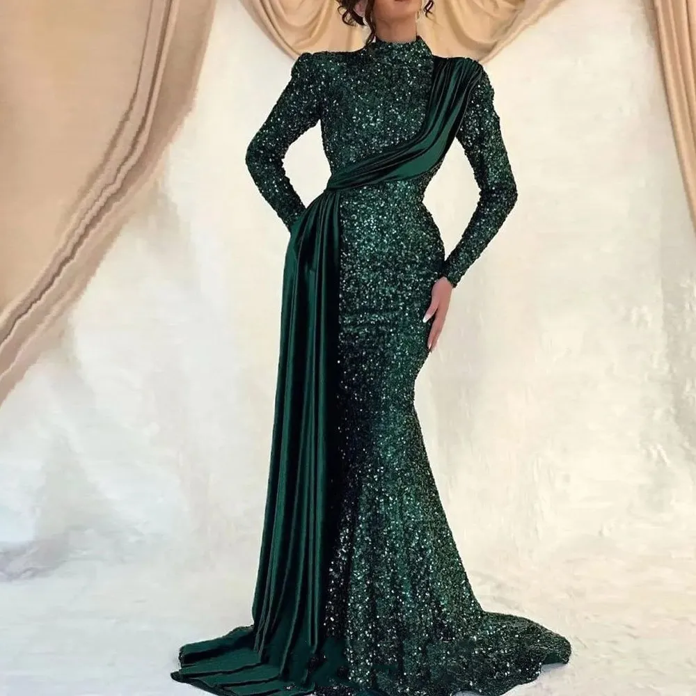 Save Big on Bulk Green Formal Evening Gowns Formal Evening Dresses: Dark  Green High Neck Long Sleeve Sequined Muslim Prom Gown With Ruffle Detail 