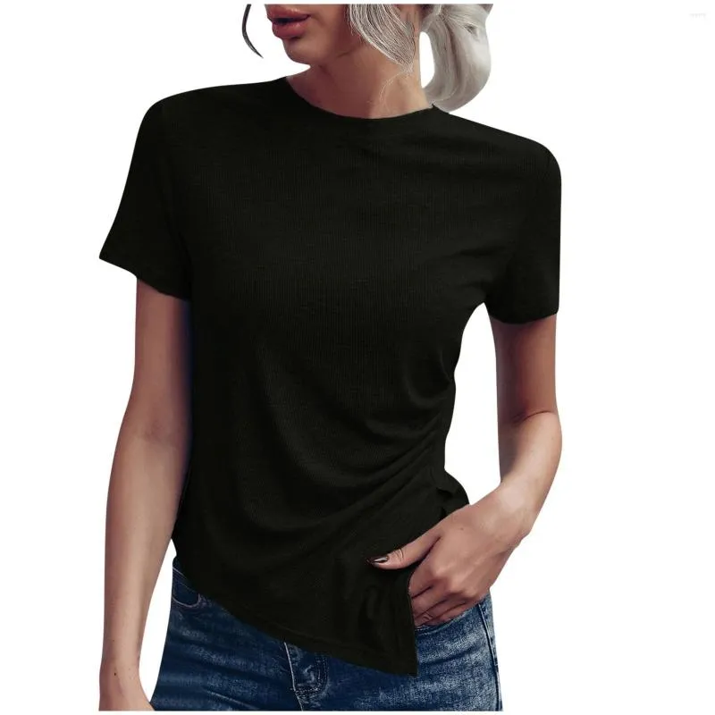 Dames blouses dames tops zomers vaste kleur casual crew nek thirt mode asymmetrische zoom los fit korte mouwen vrouwen shirts