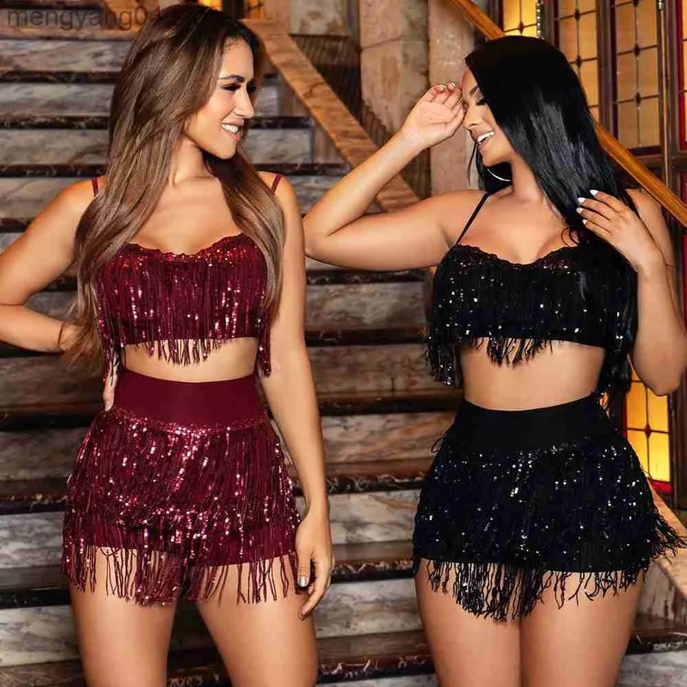 Kvinnors träningsdräkter paljetterade Tassel 2 -stycken Set Women Festival Clothing Spaghetti Strap Crop Tops och BodyCon Shorts Set Sexy Party Club Outfits T230515