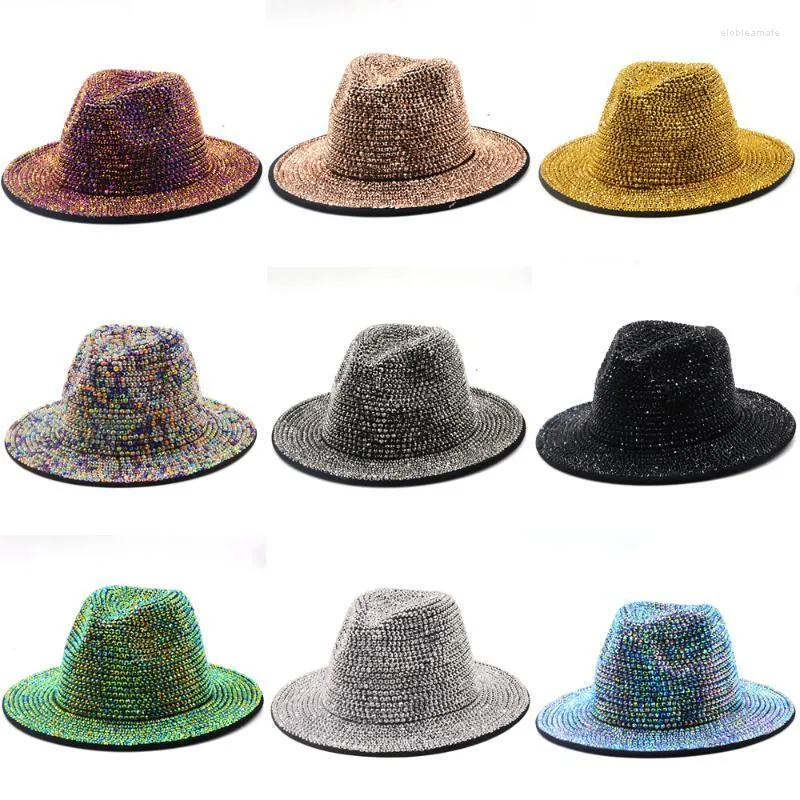 Brede rand hoeden Engeland retro Rhinestone Fedora unisex party club jazz tophoed voor vrouwen en mannen podium zakelijke kleding accessoires elob22