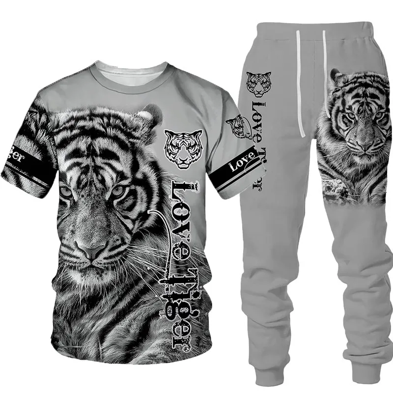 Tracksuits Masculinos Animal 3D Tigre Impresso Tops Calças Conjuntos de Correspondência Homens Camisetas Sportwear Tracksuit Primavera e Verão Roupas Masculinas 230515