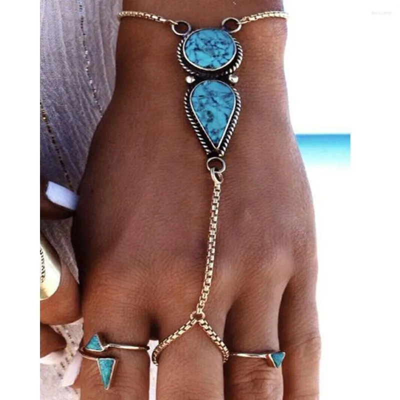 Lien Bracelets Mode Femmes Turquoise Géométrique Anneau D'orteil Bracelet Simi Yafeng Plage Vintage National Doigt Chaîne Alliage