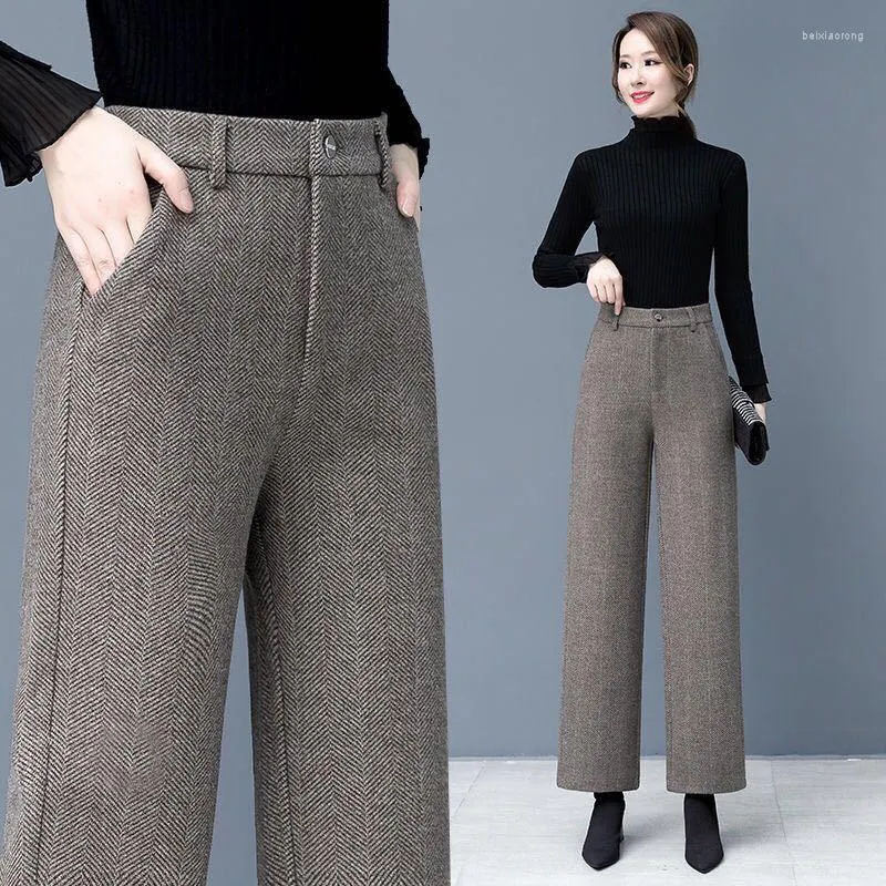 Women's Pants 2023 Autumn Winter Women Woolen Wide Leg Casual High Waist Loose Wool Straight Trousers Pockets Korean Solid Pant Q21