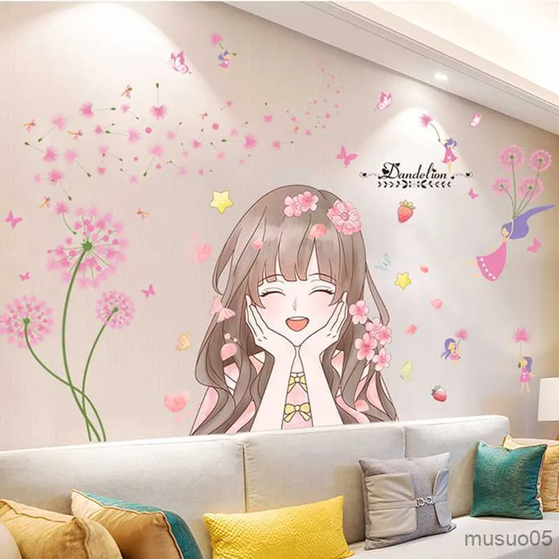 Kinderspielzeug-Aufkleber, rosa Löwenzahn-Blumen, Dekor-Wandaufkleber, DIY-Cartoon-Mädchen-Wandaufkleber für Wohnzimmer, Kinderzimmer, Kinderzimmer, Hausdekoration