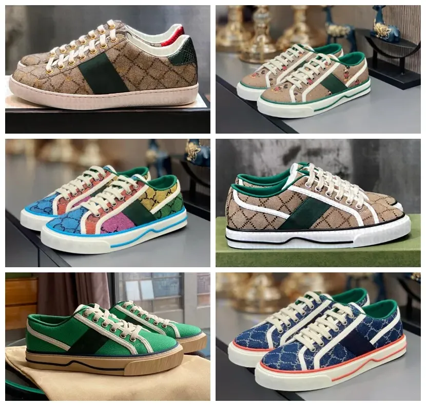 2024 Designer Canvas Tennis Shoes for Men Green Red Web Stripe Leather Rubber Sole Breathable Casual Sneakers