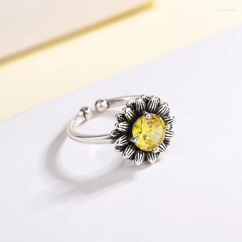 Cluster Rings 925 Sterling Silver Unique Sunflower Ring For Women Fine Jewelry Finger Adjustable Open Vintage Party Birthday Gift
