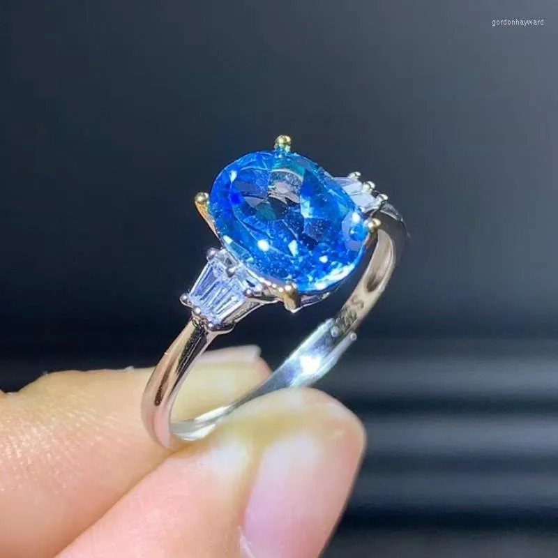 Pierścienie klastra Ring Blue Topaz Women's Pierścień 925 Srebrny rozmiar Zalecany prosty Anillos Mujer