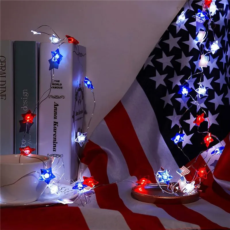 Strängar 10st 2/3/4m led amerikansk flagga Fairy String Light Battery Power Star Flags Pendant Lamp Holiday Party Wedding Garland Lighting