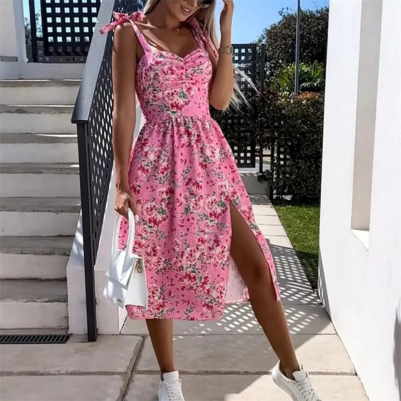 Tvådelt klänning Summer Women's Floral Tryckt ärmlös strandfest slits Sexig avslappnad spetsar upp backless stropplös sundress Sukienka G5 230512