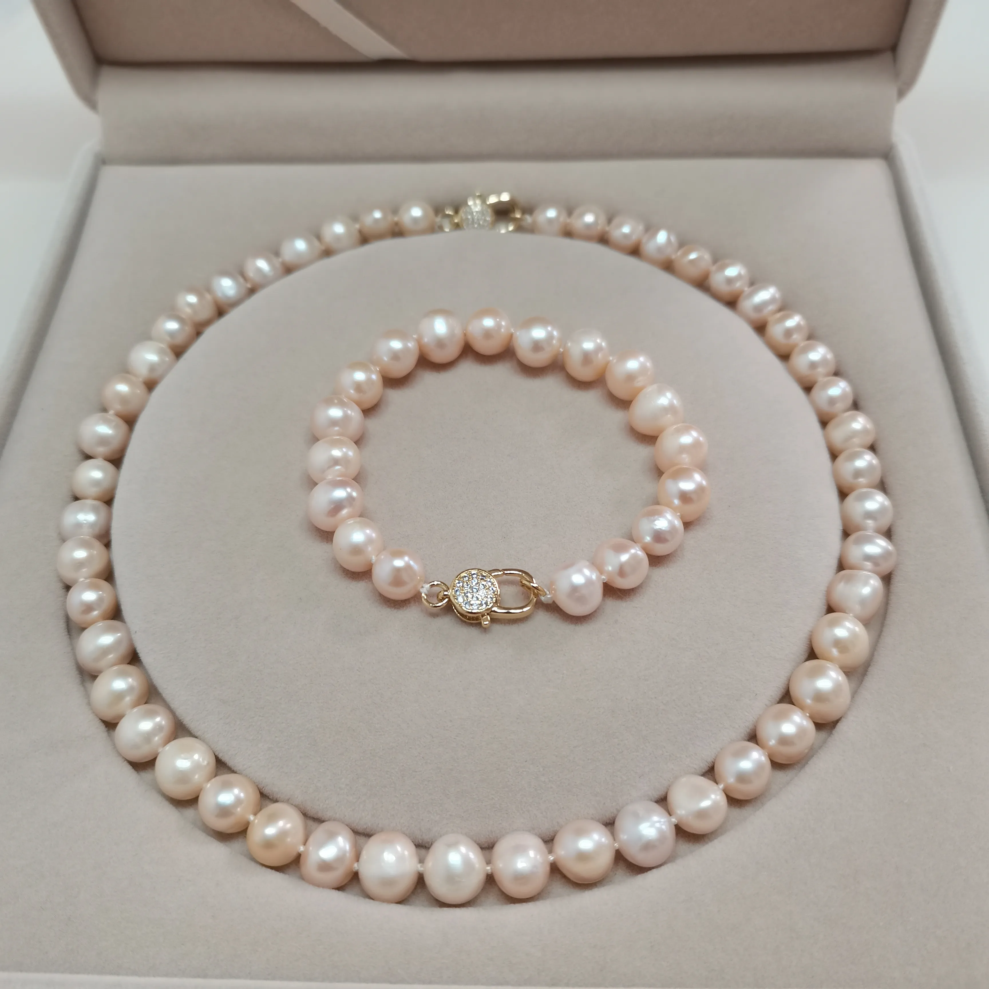 Hand knotted 9-10mm pink freshwater pearl necklace 45cm bracelet 19cm zircon micro inlay clasp set fashion jewelry