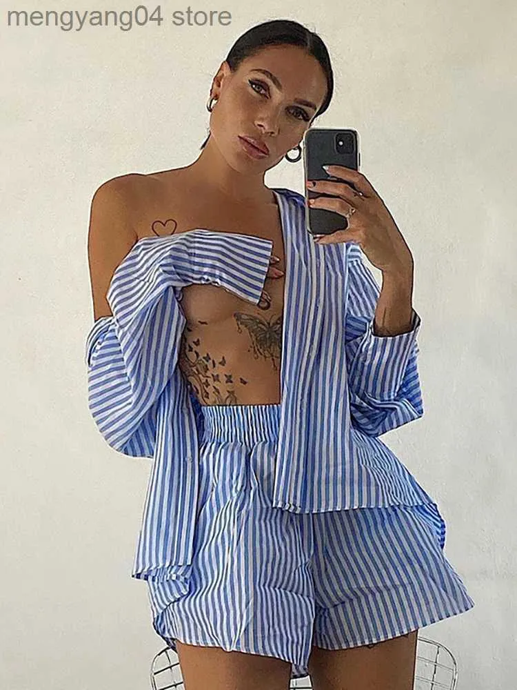 Set Di Pista Donne A Strisce Blu Shorts A 2 Pezzi Casual Taruxy Camicia Abbottonatura A Manica Lunga E Pantaloni Corti Set Di Abbinamento T230515 Da 11 35 DHgate