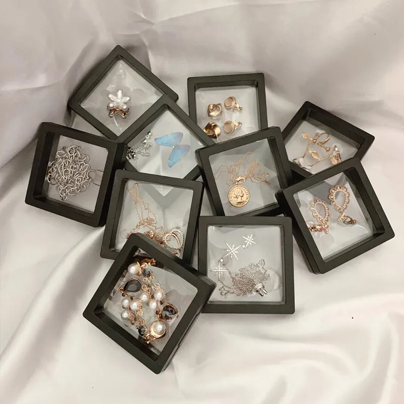 Boîtes à bijoux 10pcslot Boîte de présentation de bijoux transparente Cas Anneau Collier Bracelet Organisé 3D Flottant Cadre Carré Stockage Collection 230512