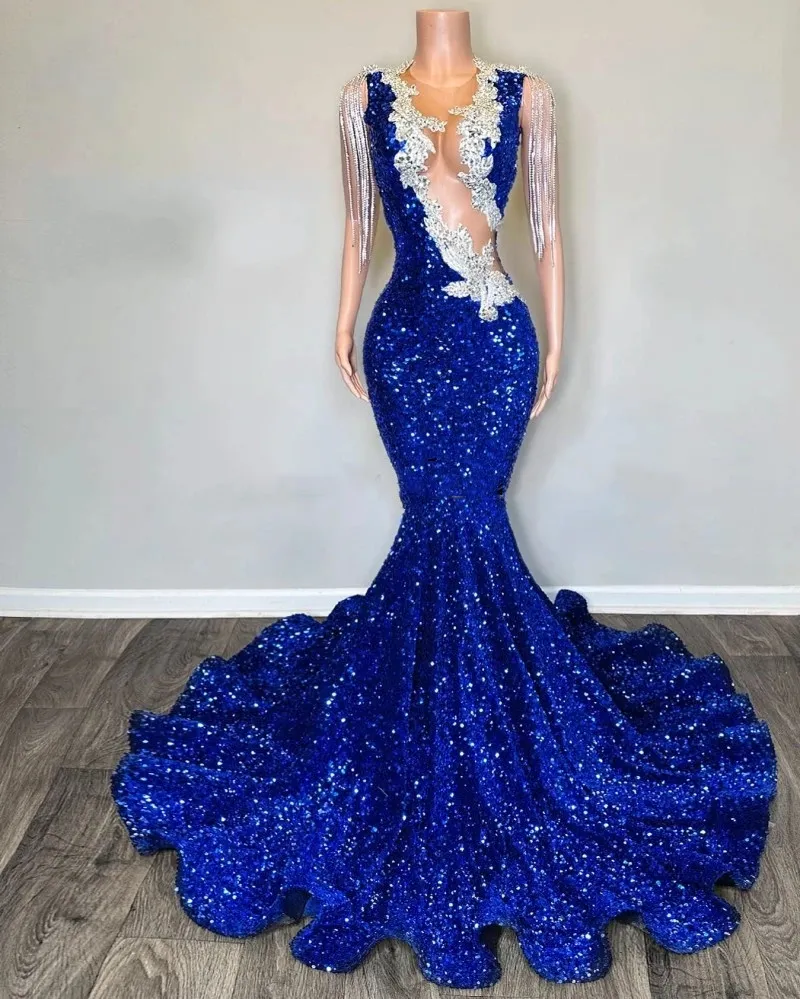 Royal Blue Sequin Prom Dresses 2023 Tassel Applique Mermaid Party Gowns Sheer Neck African Women Gala Dress 322