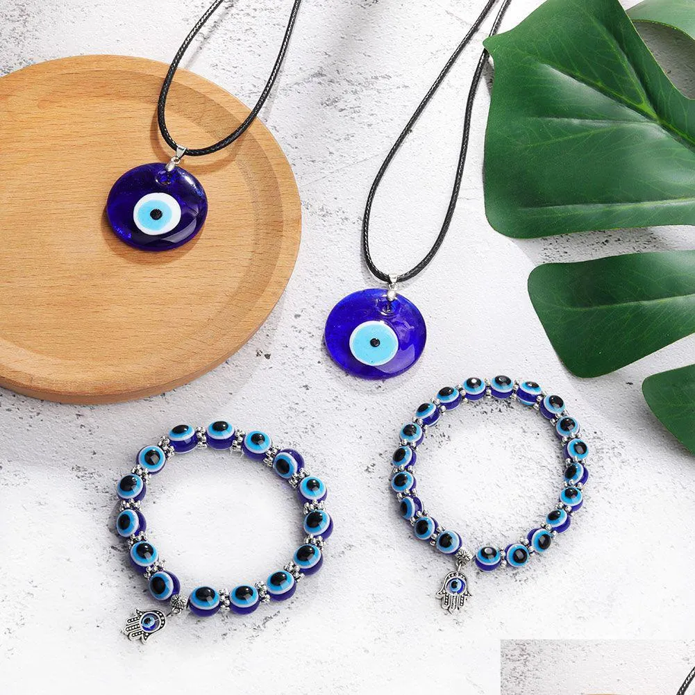 Pendant Necklaces Antique Deep Sea Blue Evil Eye Necklace Turkish Choker Glass Eyes Leather Rope Chain Jewelry Gift Drop Delivery Pen Dhlrv