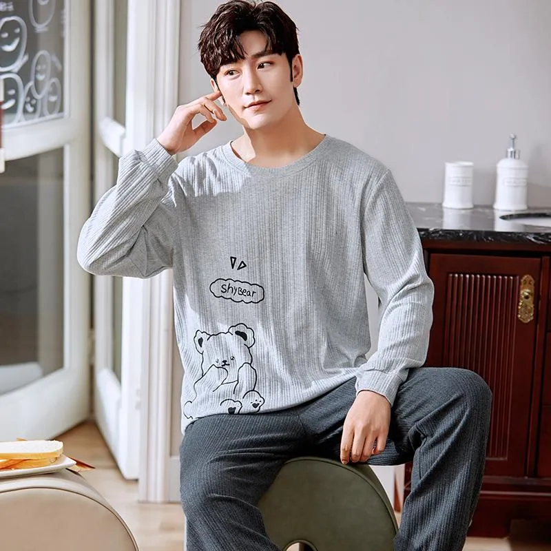 Men's Sleepwear Cute Bear Cartoon Anime Men Pajamas Set Winter Comfort Gray Knitted Cotton Long Sleeve Loose Loungewear Male Nightwear