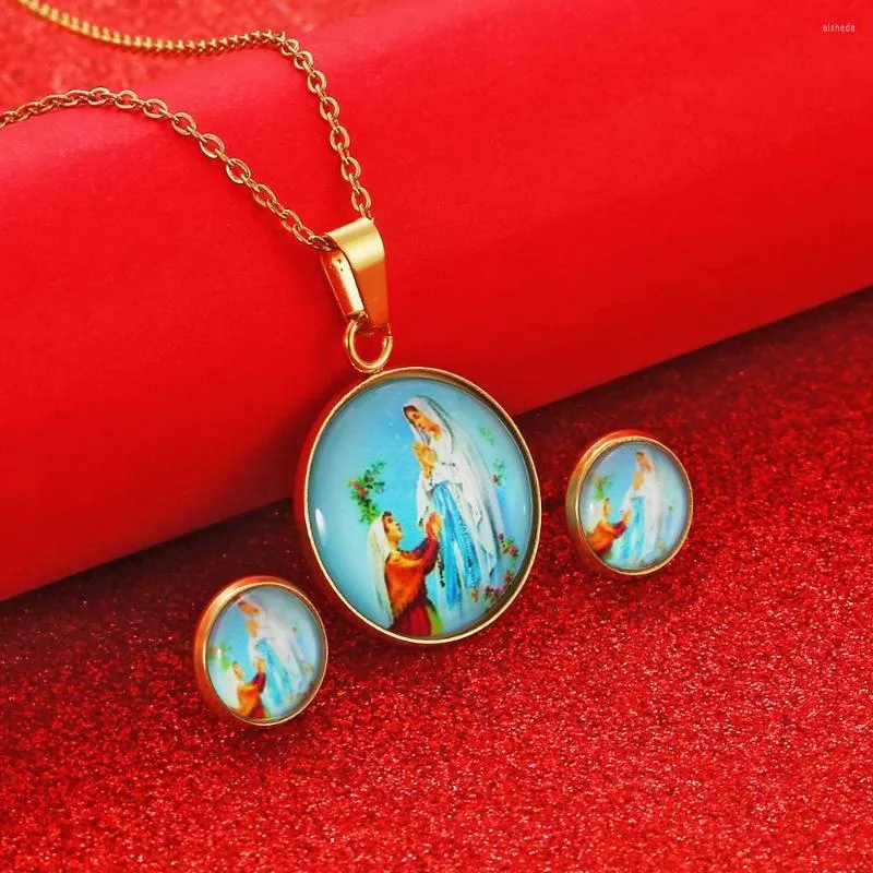Halskette Ohrringe Set Jungfrau Maria Halsketten Jesus runder Anhänger für Frauen Schmuck
