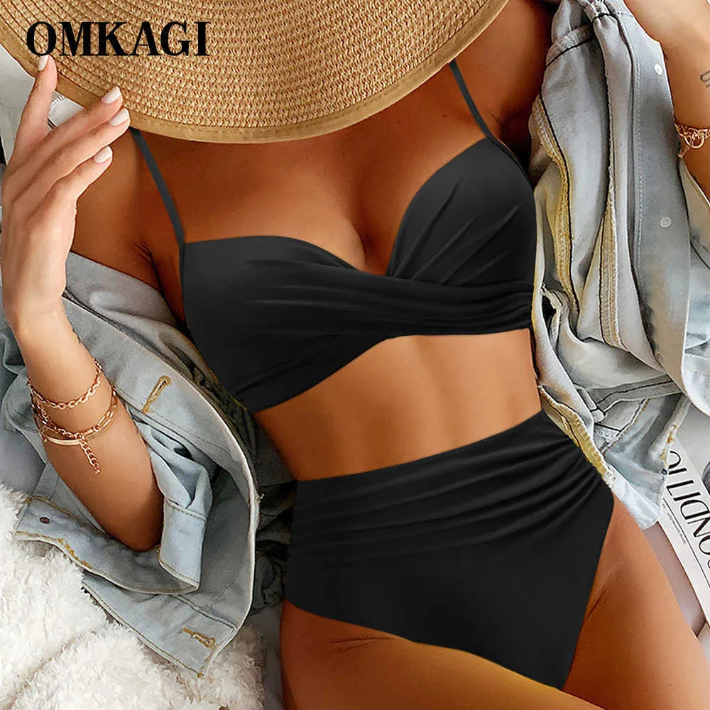 Costumi da bagno da donna OMKAGI Bikini a vita alta Costume da bagno sexy da donna 2023 Bikini Set Costume da bagno Solid Srting Costume da bagno Stampa Push Up Costumi da bagno Donna H230515