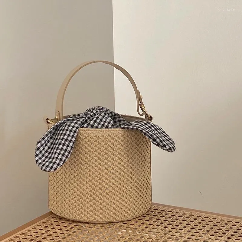 Borse portaoggetti Borsa a secchiello scozzese con nodo a fiocco Borsa di paglia da donna 2023 Moda versatile monospalla a tracolla stile occidentale