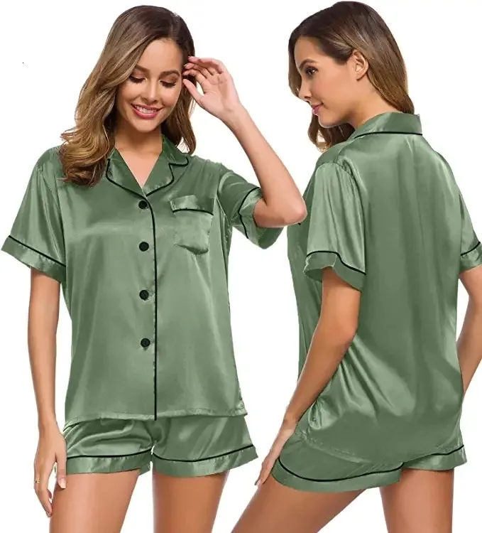 Kvinnors sömnkläder satin pajamas kvinnors korta ärm sömnkläder mjuk sidenknapp ner loungewear pjs shorts set s-xxl 230515