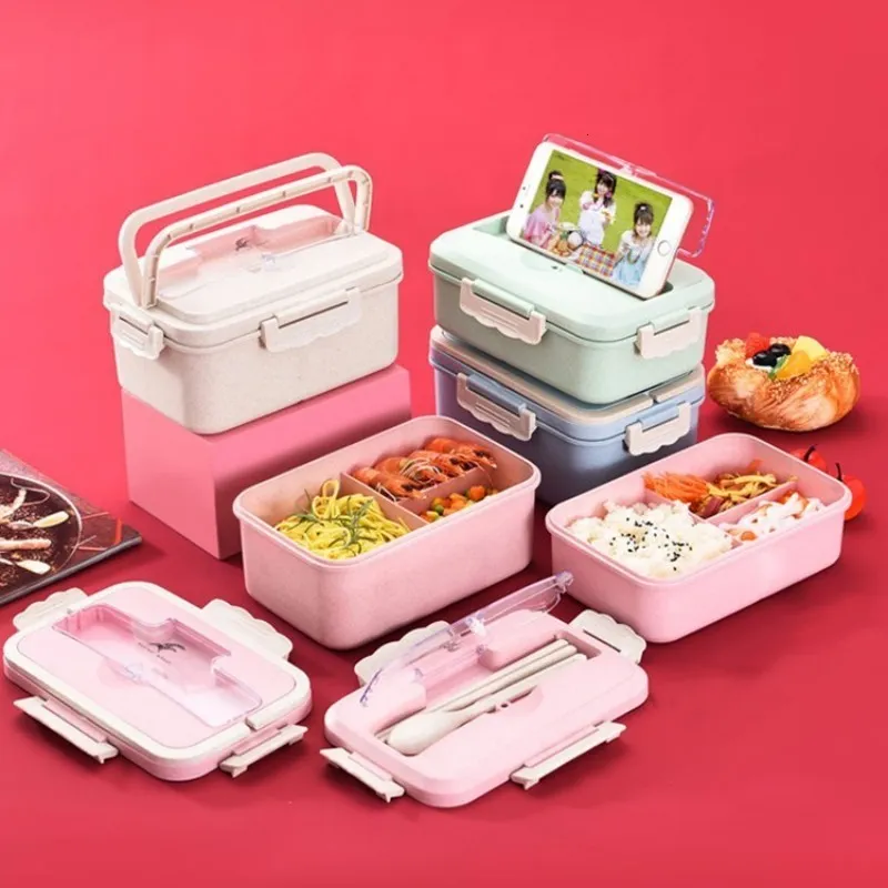 Bento Boxes Micro-ondes Lunch Box Cuillère Baguettes Paille De Blé Bureau Vaisselle Pique-Nique En Plein Air Conteneur De Stockage Des Aliments École Kid Bento Box 230515