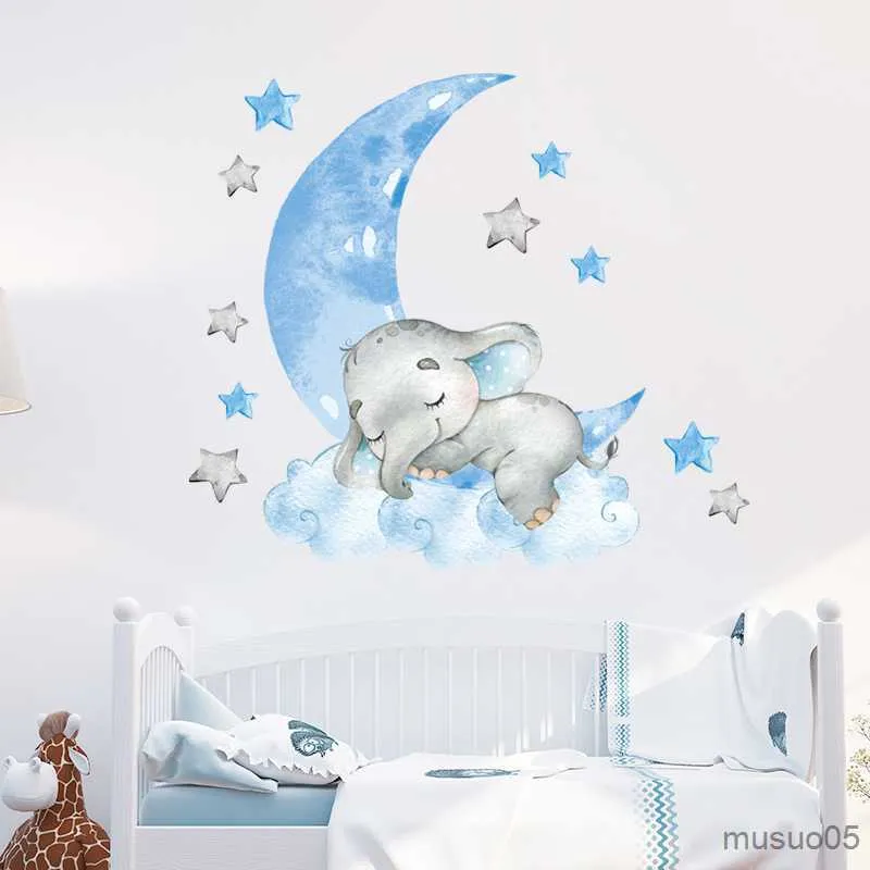 Adesivi giocattolo per bambini Baby Boy Elefante Luna addormentata Adesivi murali per camera dei bambini Decorazione della camera dei bambini Decalcomanie da muro Decorazioni per la casa Animali dei cartoni animati