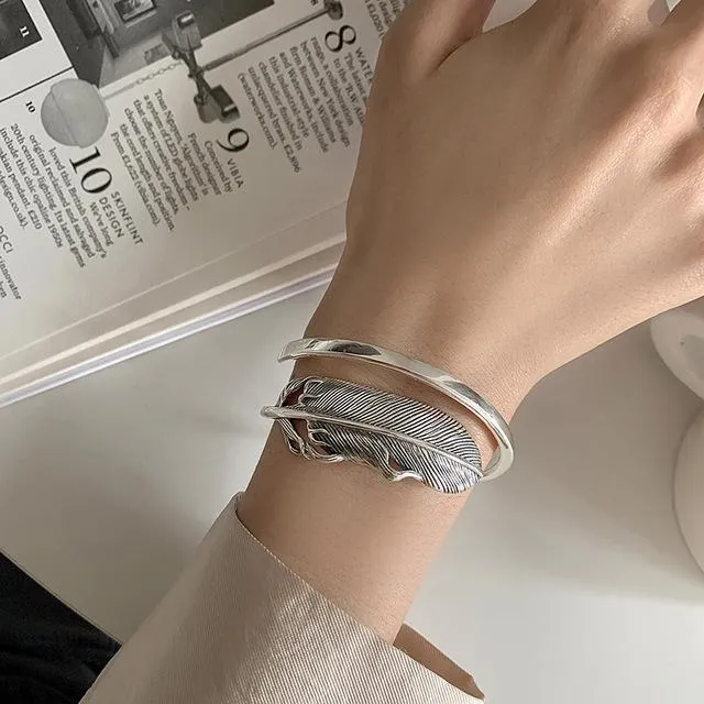 Bangle Silver Color Feather Armband Retro Korea Dongdaemun Fashion Literature and Art Sen Department Jewelry Gift Jewelrybangle