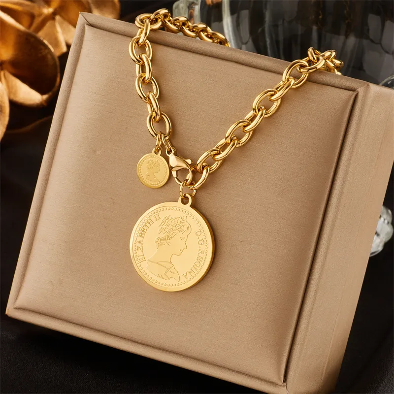 Collana di monete con ritratto rotondo Hip Hop color oro in acciaio inossidabile per regalo di gioielli per ragazza di tendenza moda uomo donna Joyas