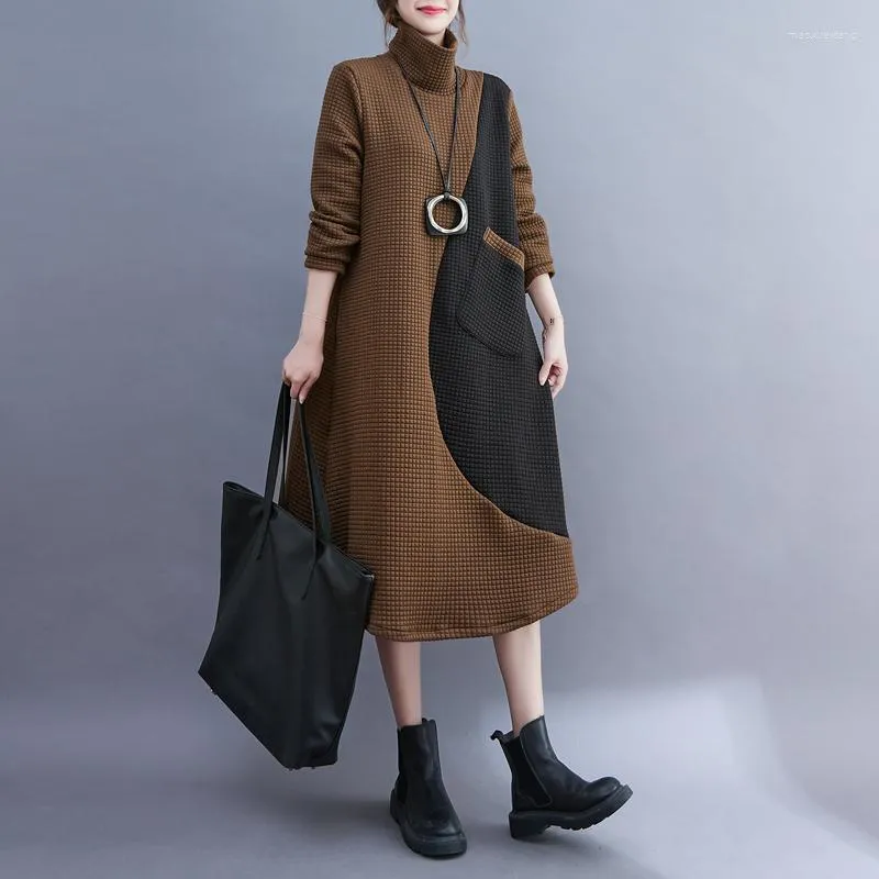 Casual jurken Turtleneck Patchwork Pocket Plaid Vintage Loose Autumn Winter Dress Office Lady Outparty Work Women Spring