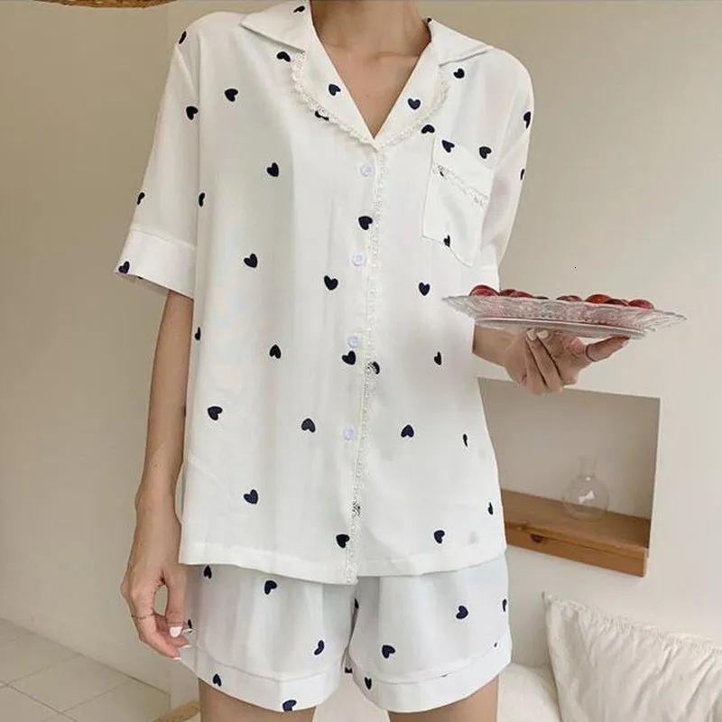 Женская пижама для женщин для женщин домашняя одежда Пижама, дама, сердце печати, ночная лаунж носить сексуальную одежду для сна с двумя частями пижамы лето 230515