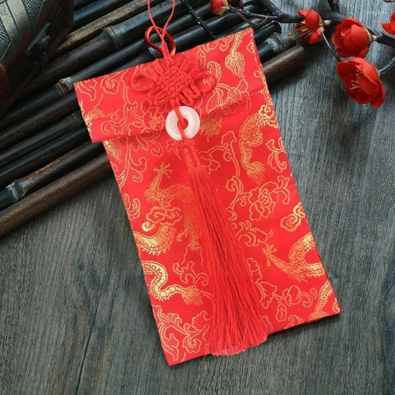 Papel de regalo Estilo chino Sobre rojo Bolsa de dinero de la suerte Borla vertical Brocado de alto grado Tela de boda Nudo Año Tipo Arte W0H8