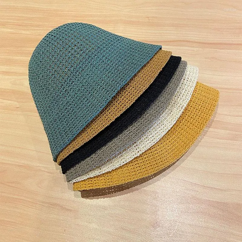 Berets 7 Farben Frühling Sommer Gestrickte Leinen Eimer Hut Frauen Solide Kuppel Atmungsaktive Angeln Mode Straße Ins Sun Caps 54-60 cm 2023