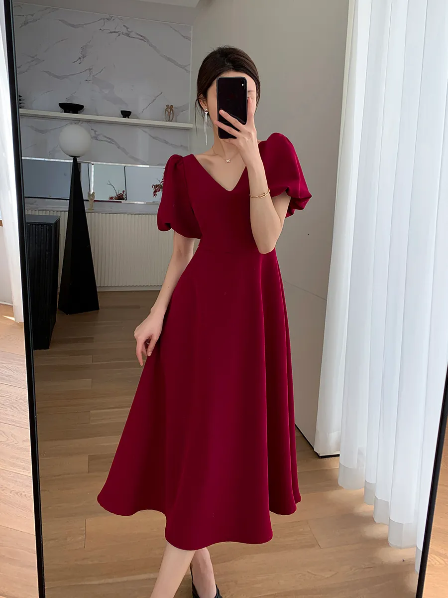 Robes décontractées été élégant col en V manches bouffantes robe rouge pour les femmes décontracté une ligne mariage fête d'anniversaire Vestidos mode femme vêtements 230515