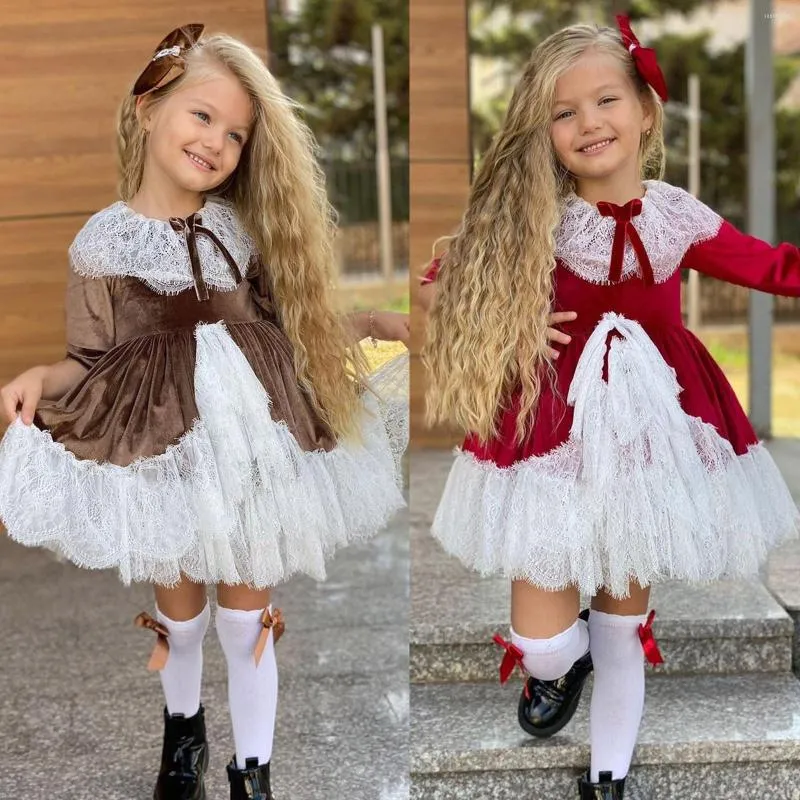 Vestidos de niña para niñas pequeñas, volantes de Navidad para niños, vestido de princesa de retazos de encaje de manga larga, vestido de fiesta elegante Formal