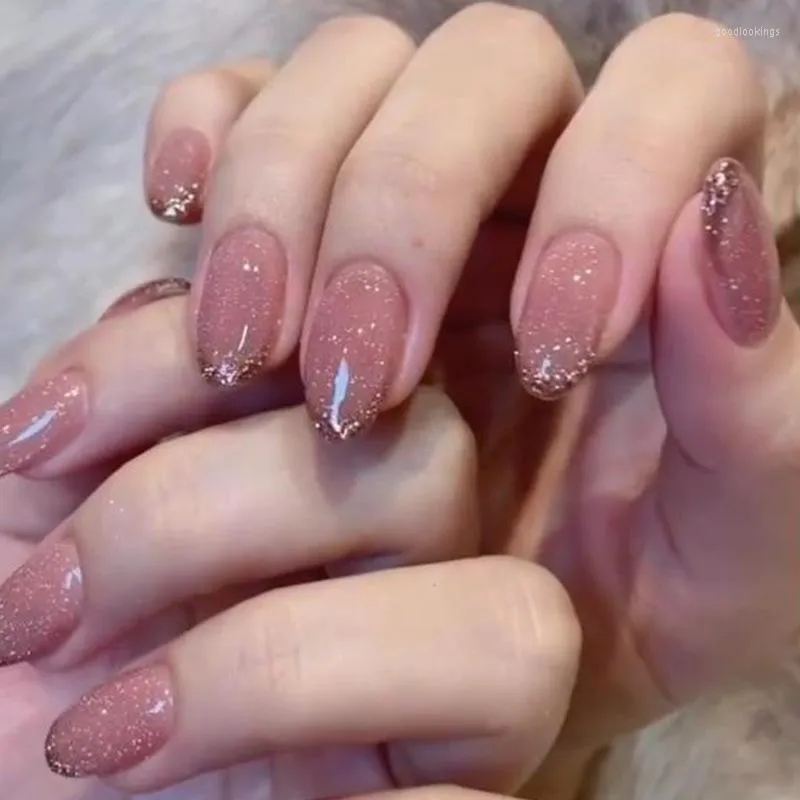 Faux ongles 24 pièces amande paillettes pour filles brillant poudre décor rose presse sur ongles femmes dame manucure acrylique conseils