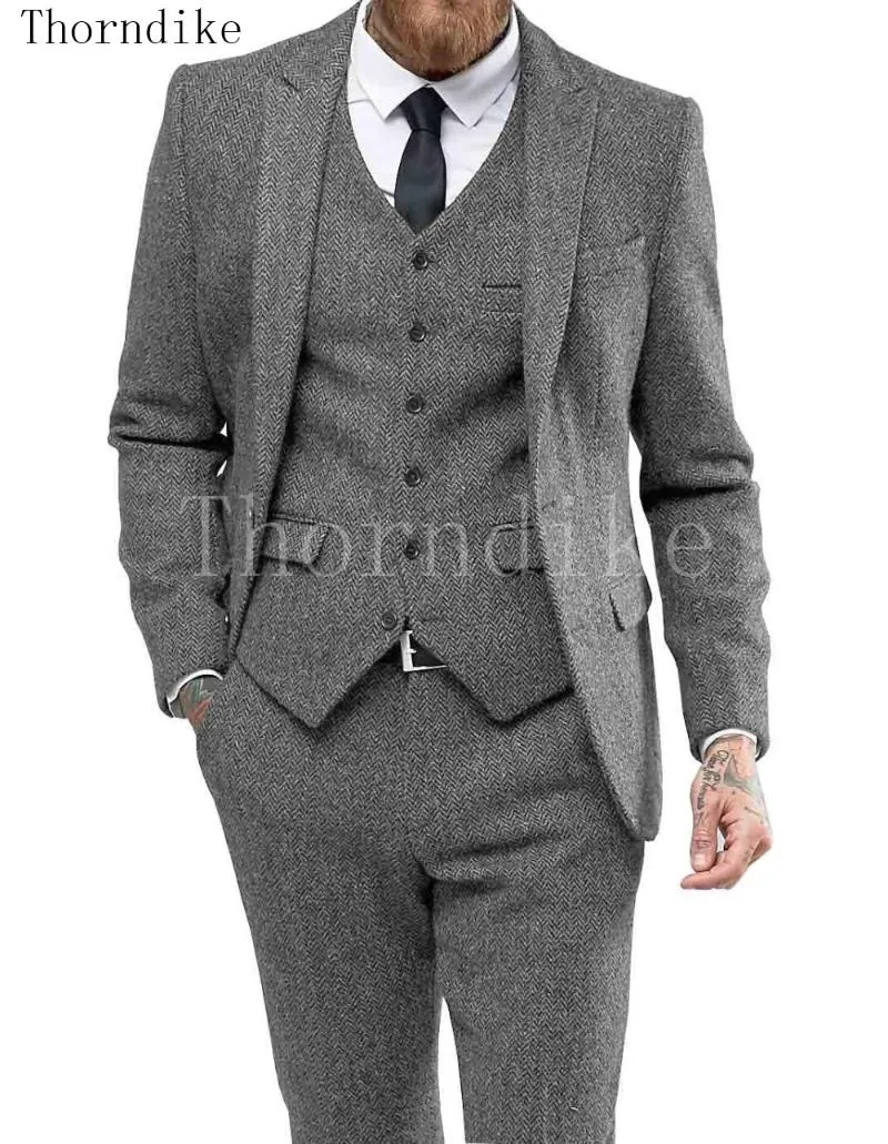 Men's Suits & Blazers Thorndike 2023 Arrival Tailored Groom Suit Gery Herringbone Men England Modern Blazer Tuxedos 3 Pcs Tweed Costume Homm