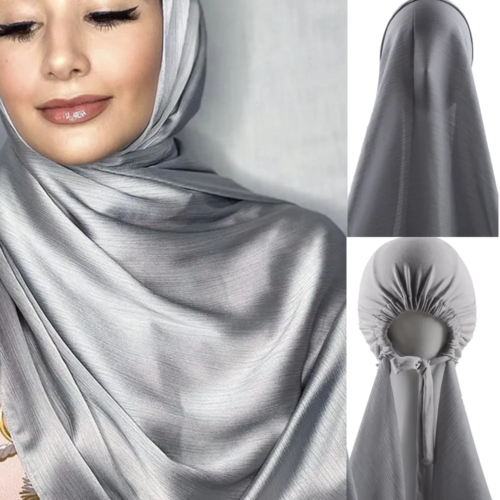 Hijabs Instant Muslim Women Crinkle Satin Silk Hijab With Bonnet Caps Hijabs Scarves Satin crinkle Scarf With UnderScarf Inner Caps 230515