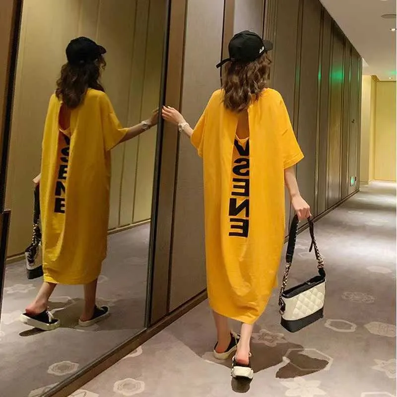 Casual Dresses Ins Korean Casual Long T-Shirt Skirt Pajamas Girl's Summer Backless Loose Oversized Short-sleeved Nightdress Women's Dresses P230515