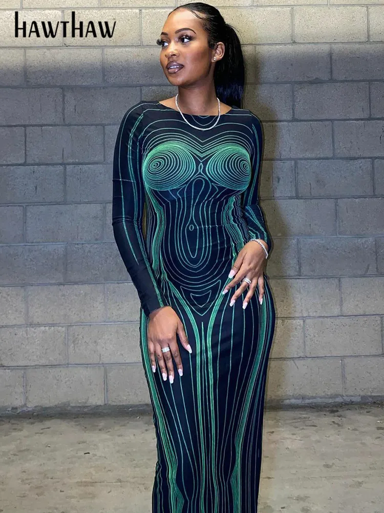 Green Bodycon Long Sleeve Party Dress For Women Club Style