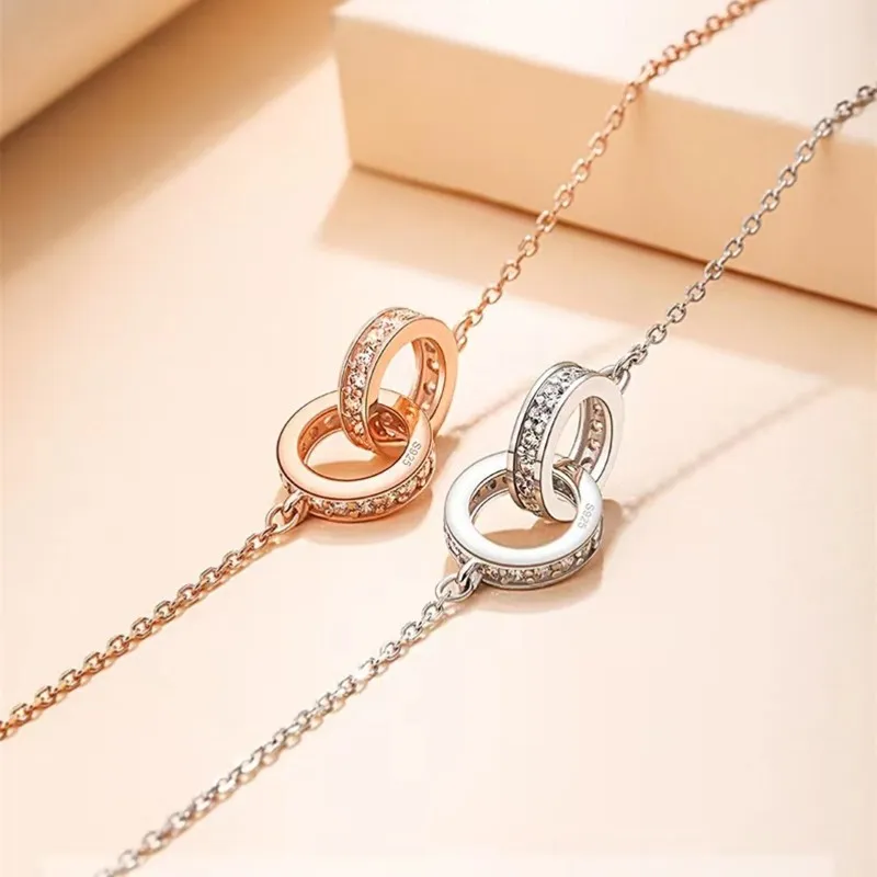 Luxury Fashion Necklace Designer Jewelry Party 925 Silver Double Rings Diamond Pendant Rose Gold Necklaces for Women Fancy Dress Long Chain Jewellery Gift DHL Free