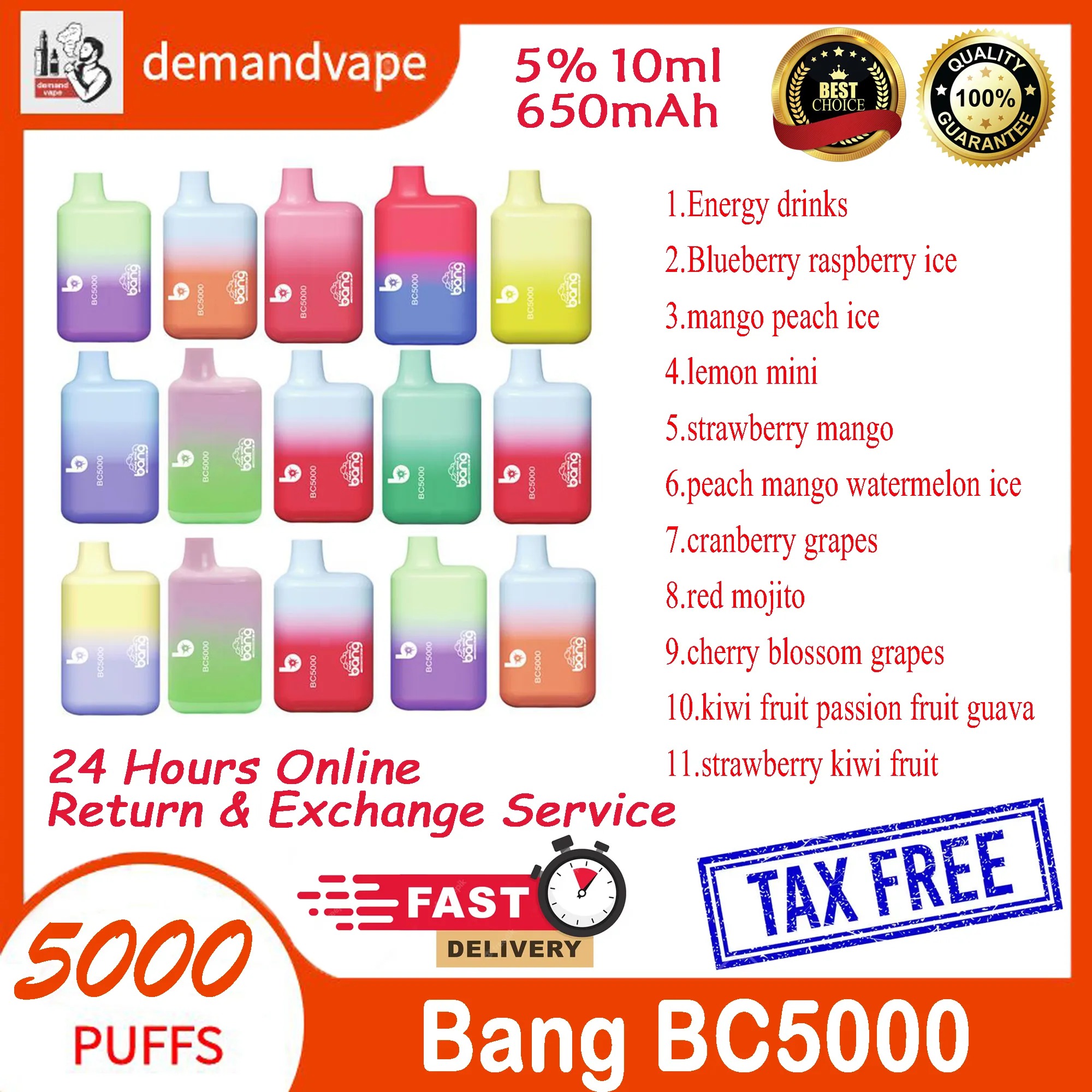 Bang BC5000 Disposable Vape Pen 5000 Puffs E Cigarette 13ml Prefilled Cartridge Pod Device 650mAh Rechargeable Battey BC 5000 Vapes VS ELF BC5000